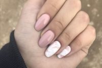 27 dusty pink nails and two white and dusty pink marble nails that bring a trendy and edgy feel to the look