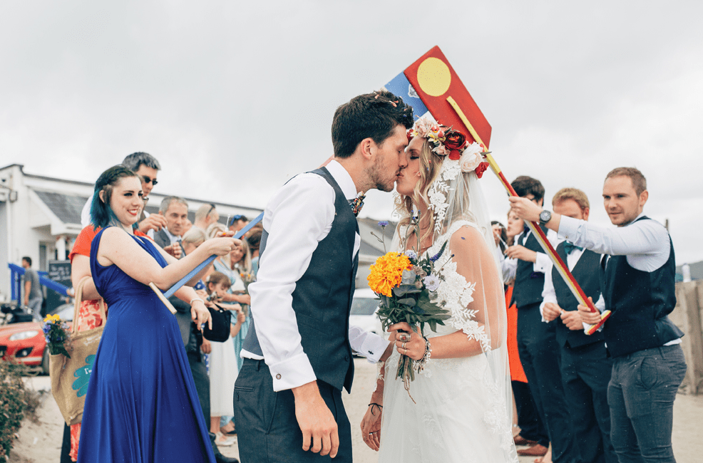 This fun and colorful geek wedding took place on the beachand was almost fully DIY