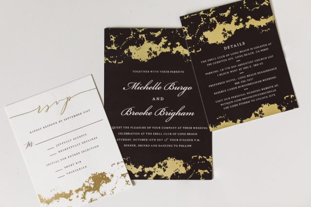 The wedding stationery was done with black and gold splatter for a bold look