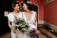 two brides with two gorgeous bouqets