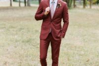 04 a burgundy suit, a printed pink tie, brown shoes for a non-traditional fall groom look