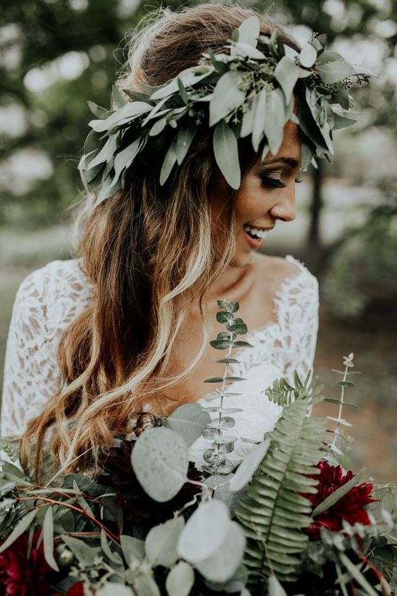 a seeded eucalyptus crown is ideal for a boho bride, if you don't feel like blooms