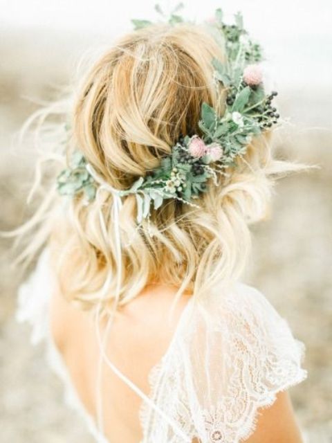 a textural greenery crown with pink wildflowers and berries for a summer boho bride