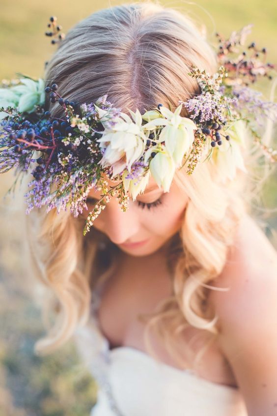 a textural fresh lavender crown with succulents is an unusual and creative solution