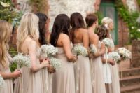 06 soft strapless maxi dresses for bridesmaids and baby’s breath bouquets for a classic look