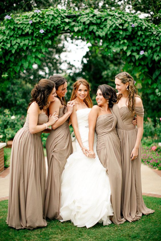 eye-catchy draped taupe maxi dresses for bridesmaids is a great idea for fall neutrals