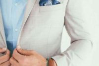 08 a creamy windowpane suit, a blue shirt and a handkerchief for a coastal groom’s look