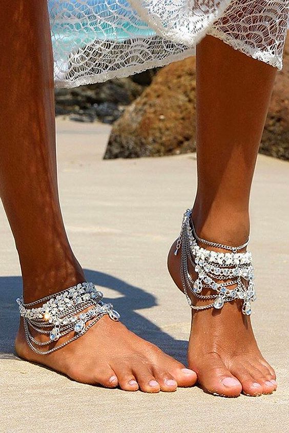 boho gypsy bridal anklets with lots of chain layers and rhinestones for a bold beach look