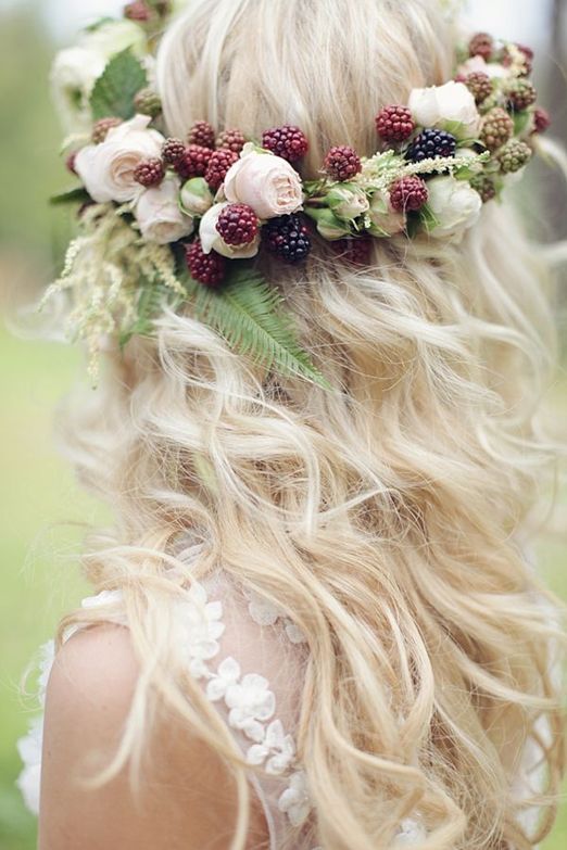 a blackberry and pale peach rose flower crown for a late summer boho bride