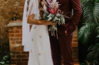 10 a burgundy suit, a black velvet bow tie, amber-colored shoes for a tropical groom