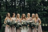 10 taupe ruffled neckline maxi bridesmaids’ dresses for a soft girlish look