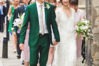 15 an emerald suit with a nude tie and brown shoes for a stylish vintage-inspired wedding