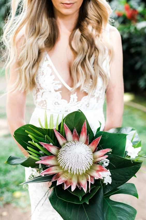 a laconic tropical bouquet with a single king protea and large tropical leaves