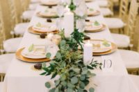 21 a greenery, foliage and moss wedding table runner is a very refreshing idea for any wedding