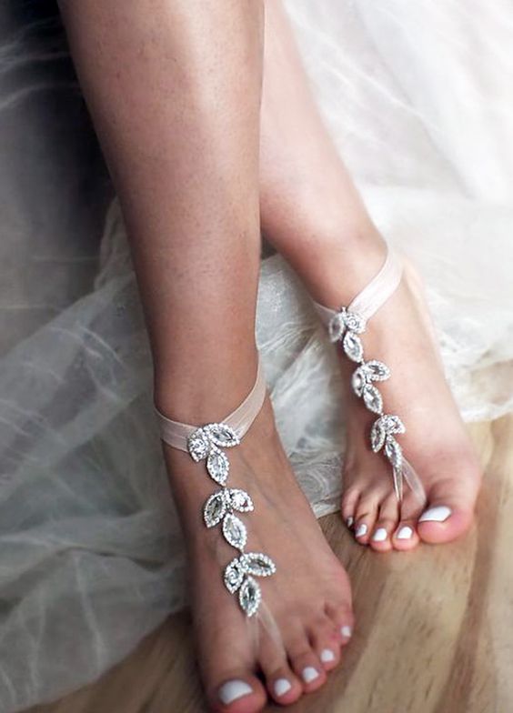 cute bejeweled bridal barefoot sandalds with a botanical motif for a garden bride