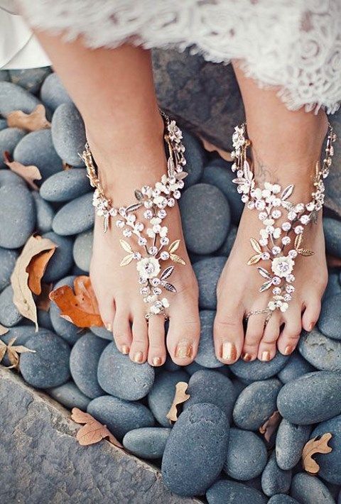 cute floral barefoot beach sandals with rhinestones and leaves for a garden bride