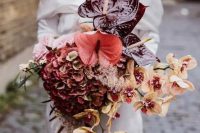 an extra bold wedding bouquet of burgundy and coral anthurium, peachy orchids and burgundy hydrangeas is wow