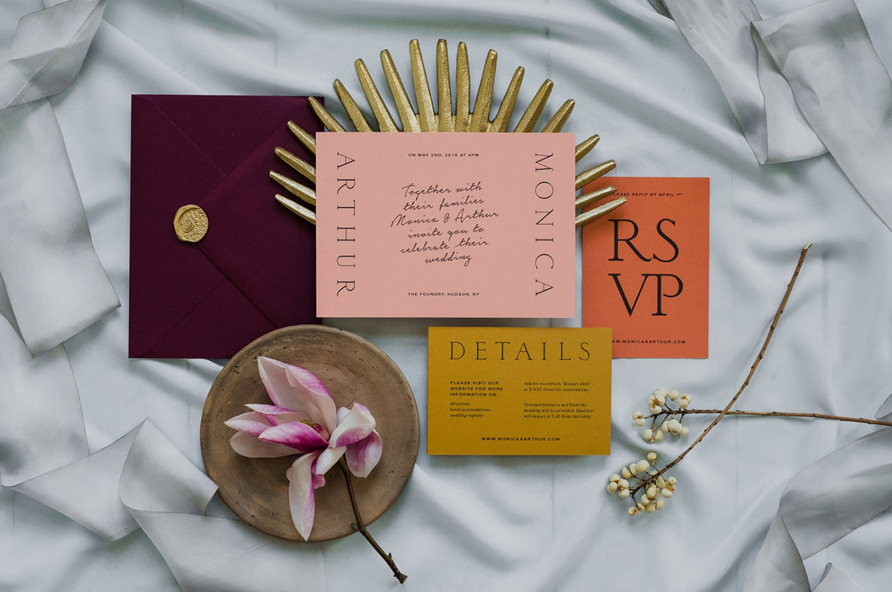 The wedding stationery is done in bold colors traditional for Morocco