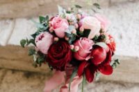 02 a romantic bridal bouquet of blush, pink and burgundy blooms plus a pink ribbon