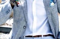 02 white pants, a white shirt, a grey checked jacket and a brown belt plus bracelets for a chic beach look