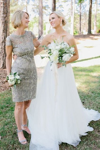 a bold grey lace sheath dress with cap sleeves and an illusion neckline plus matching shoes