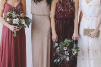 03 mismatched bridesmaids’ dresses in blush and burgundy for a fall wedding