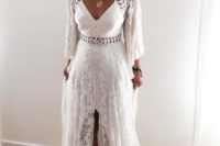 06 Hunter A-line lace wedding dress with a deep V-neckline, long sleeves and a front slit