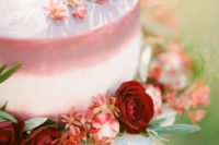 06 a blush and white ombre cake with burgundy blooms and greenery for a chic and bold look
