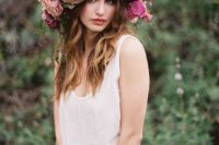 06 oversized tropical floral crown in the shades of pink, with roses and orchids for a tropical bride