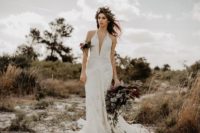 16 Comic Coralee sheath lace wedding gown with a plunging neckline, spaghetti straps and a strappy back
