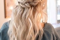 21 a half updo with a double halo braid and textural hair down for a boho bride
