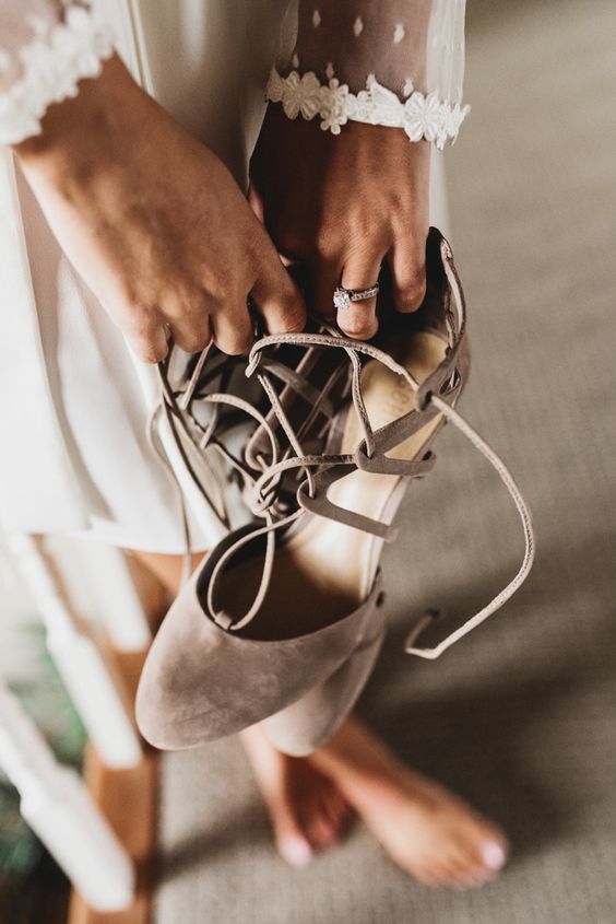 amazing taupe wedding shoes with lacing up for a chic yet neutral bridal look