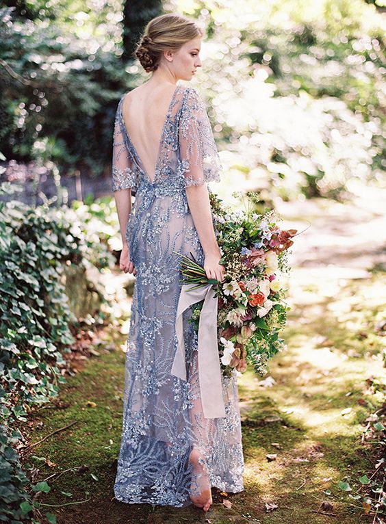 a dusty blue embellished lace applique wedding dress with short sleeves, a V-cut back is a very delicate and lovely idea