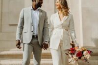 a modern groom’s outfit with a grey pantsuit, a white shirt, a brown belt and peachy loafers is a lovely idea for spring or summer