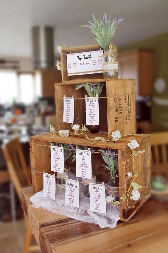 a rustic wedding seating chart of crates, with table names, blooms and greenery can be made fast and easily