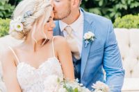 a spring or summer groom’s look with a blue three-piece suit, a white shirt, a tan tie is a cool idea for many wedding styles and themes