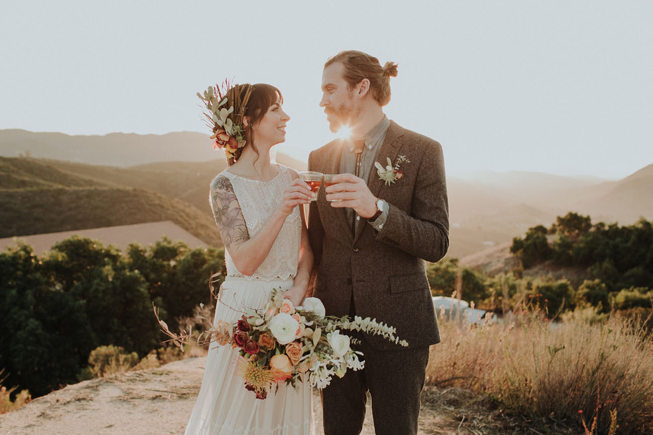 This boho camp wedding shoot included a fire roast fest and lots of things we love about camps