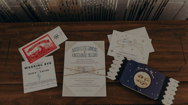 The wedding invitation was whimsical, with retro moon pics and stars