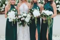 02 emerald halter neckline maxi dresses with a front slit for a chic green and white wedding