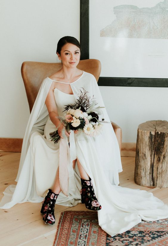black floral wedding booties are a bold fashion statement for a fall bride