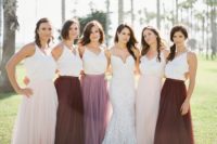 04 The bridesmaids were rocking separates with white spaghetti strap tops and colorful maxi skirts