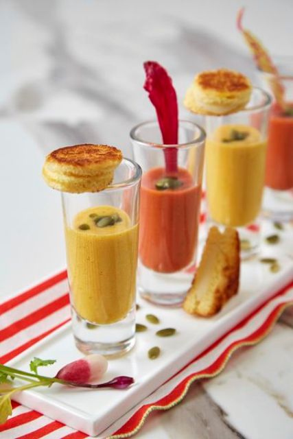 tomato bisque shooters with pistachios, grilled cheese and touches of radish