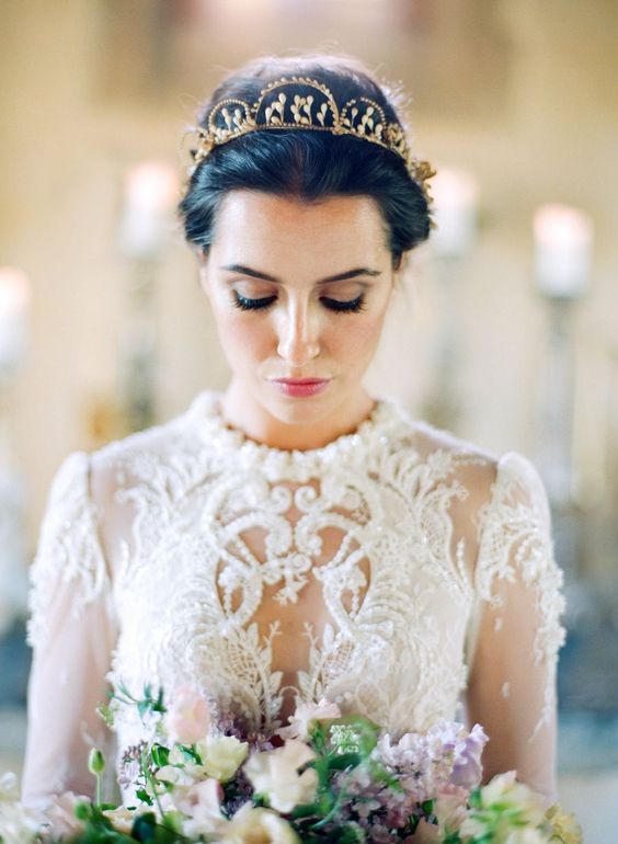 a chic and refined gold tiara with pearls is ideal for a formal wedding