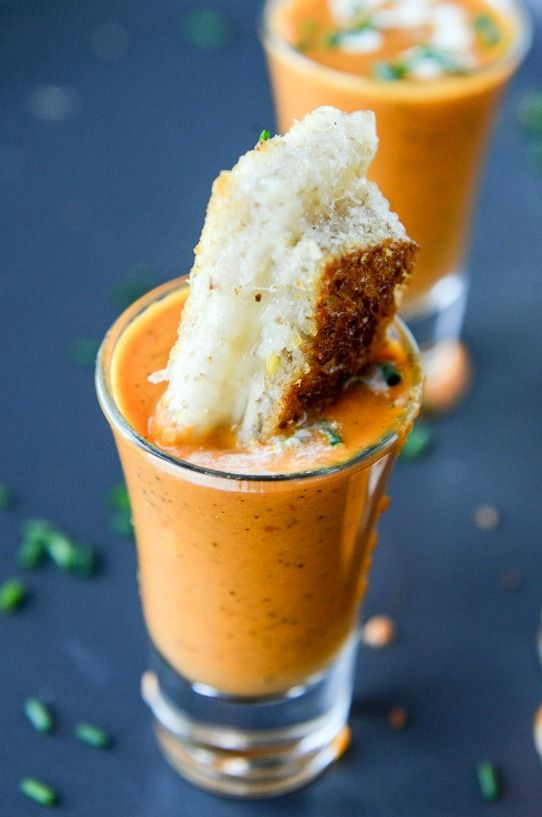 creamy tomato soup shooters with grilled cheese sticks will create a fun fall appetizer