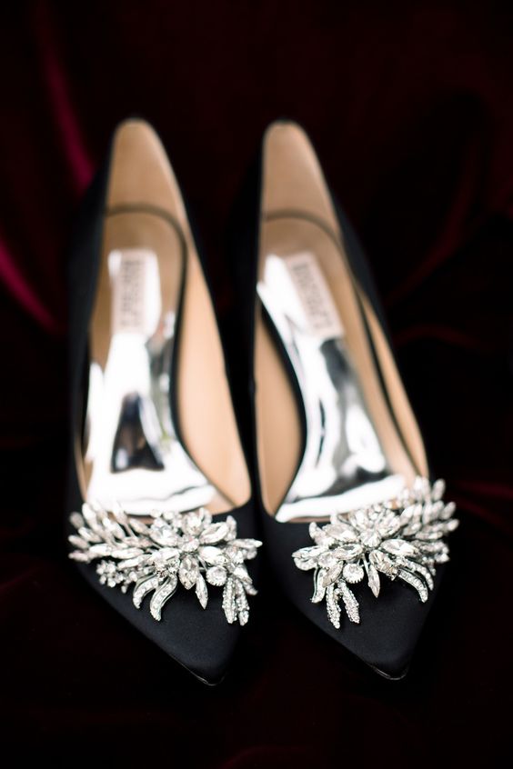 black heavily embellished wedding shoes for a glam fall or winter wedding or to add glam to your Halloween look