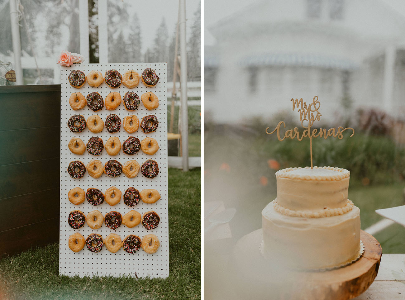 The wedding cake was a naked one, and there was a trendy donut wall