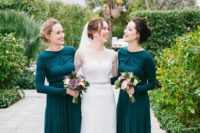 09 chic emerald draped bridesmaids’ dresses with long sleeves for a modest look