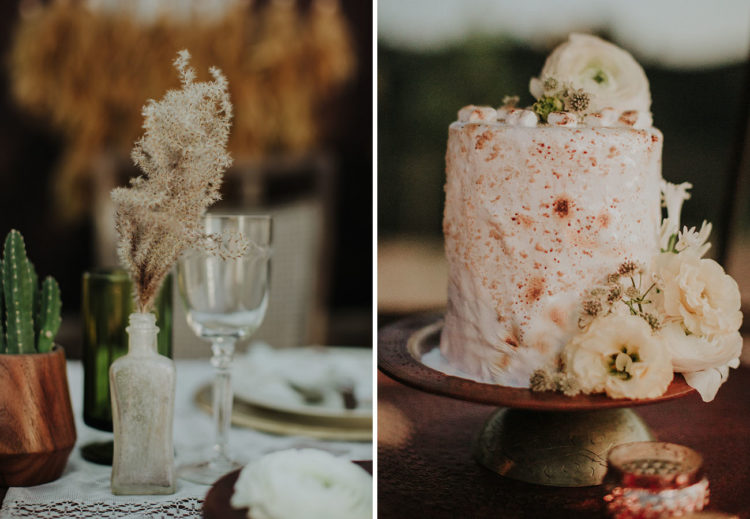The wedding cake was a dotted one covered with roasted marshmallows and fresh blooms