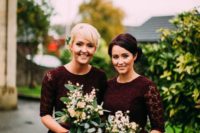 10 burgundy lace midi dresses with a scoop neckline, long sleeves and an A-line skirt for a fall wedding