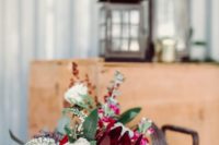 11 a fall bridal shower centerpiece of a wooden box with bright blooms and textural greenery